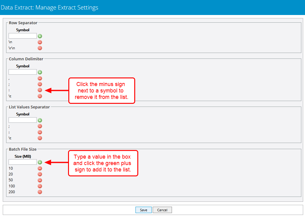 Manage Extract Settings