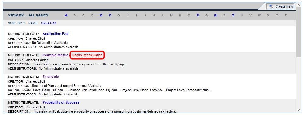 Recalculation from Metric Template List