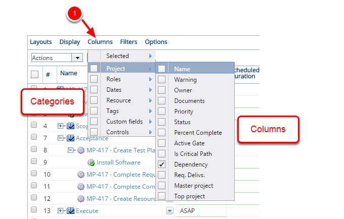 View Columns Menu