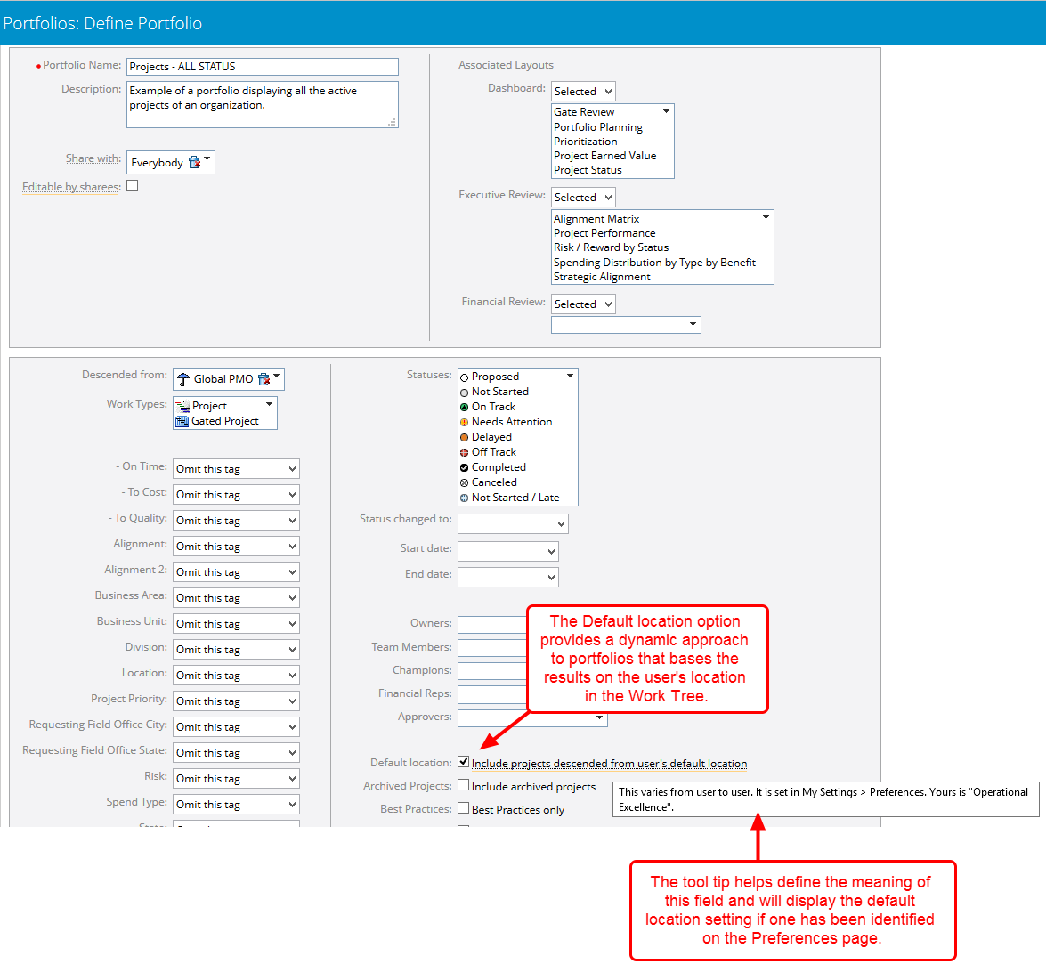 View Default Location Setting on Define Portfolio Page