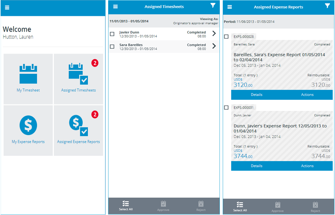 Approval/Rejection of  Timesheets and Expense Reports