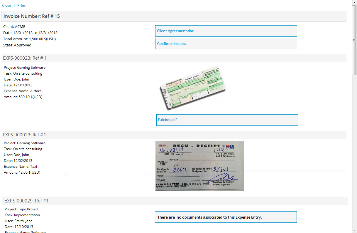 Including Expense receipts as part of print out of Invoice documents