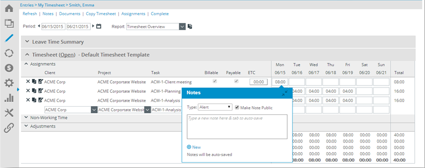 Autosave of Timesheet Notes