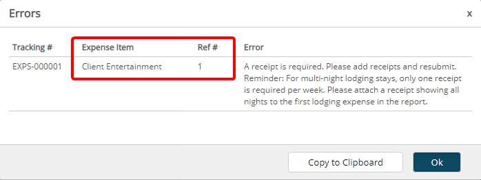 Expense Report custom validation Errors