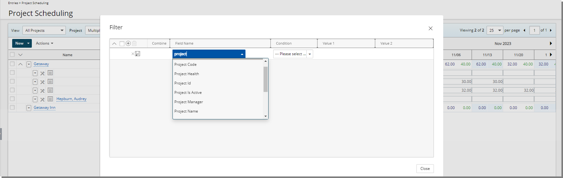New Project property Filter parameters in Project Scheduling Work Plan