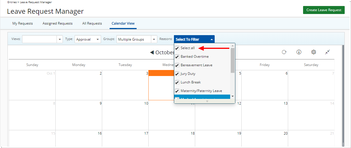 Choose Select All Reasons in Group Leave Time Calendar