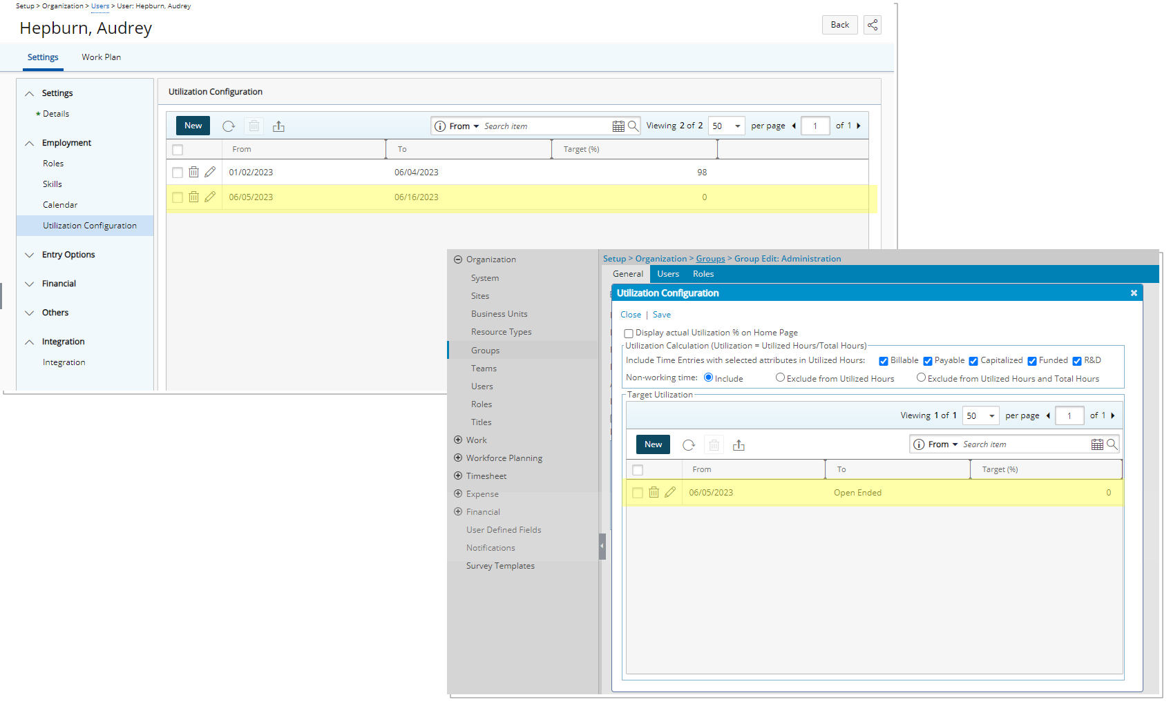 Set a User or Group Target Utilization% to 0