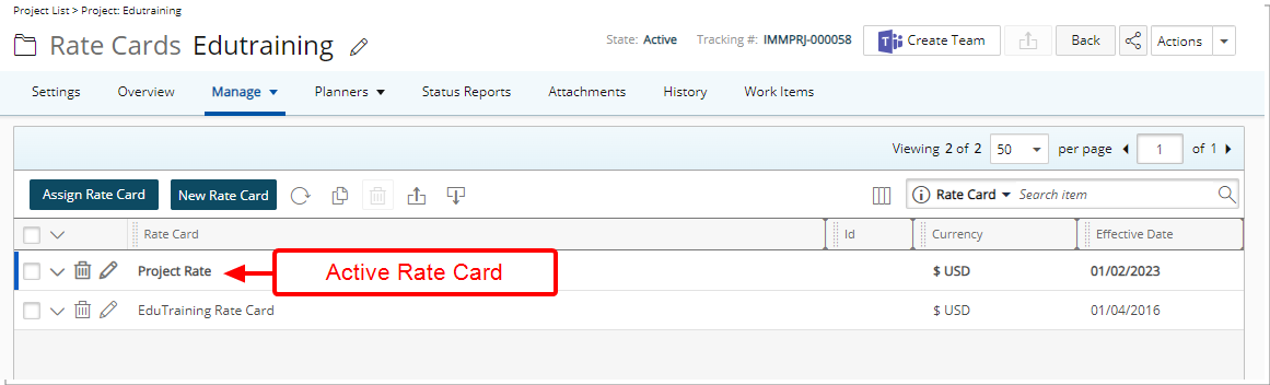 Active Rate card is highlghted
