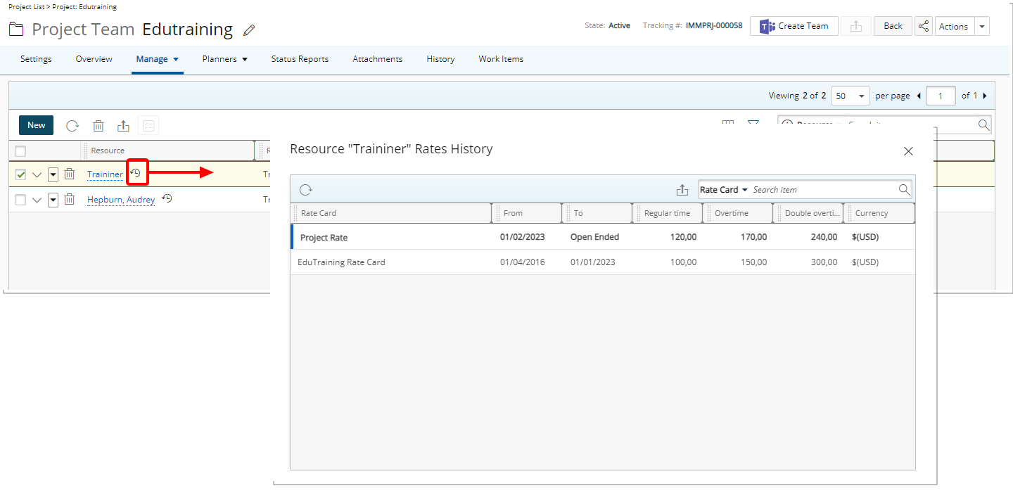 View Role Rates history from Project Team