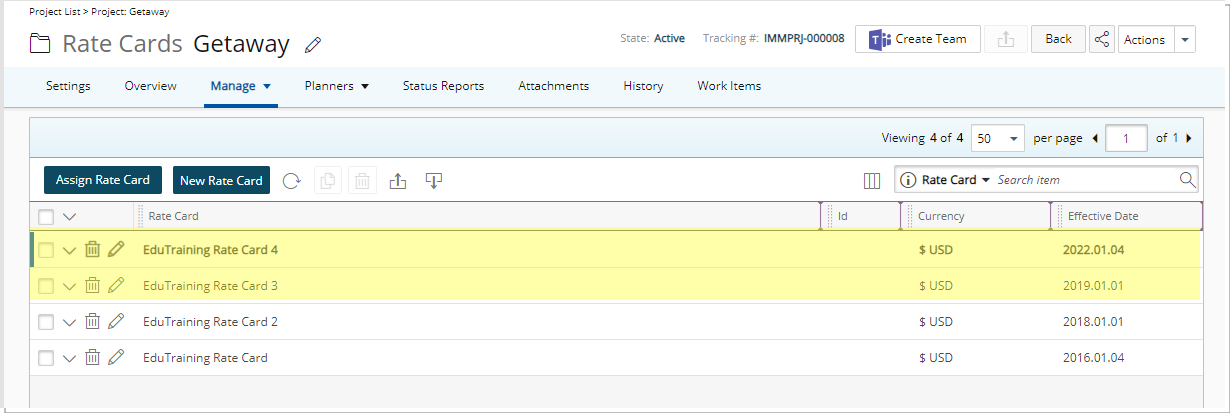 Return to the Project Rate Cards list page