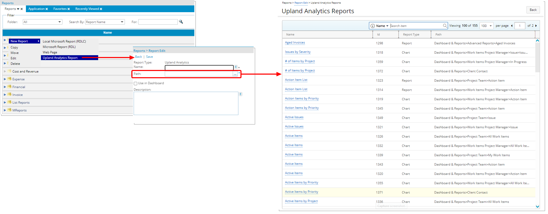 Access Upland Analytics Reports from PSA report center