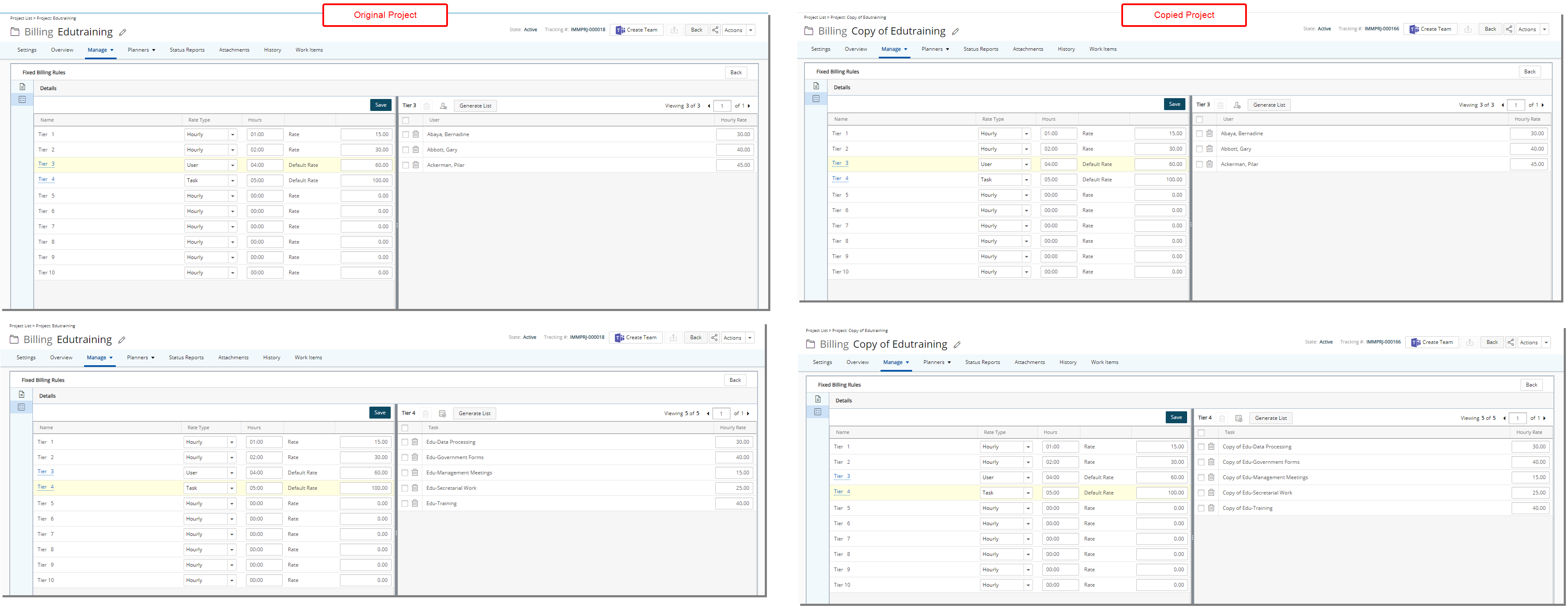 copy the Cost and Billing Rules associated with Fixed Tiered Rates across Hourly, Flat charge, and/or Users rate types at the Task and Project level