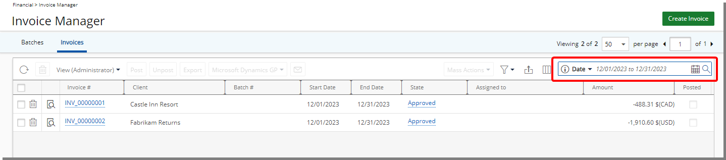 Date-based Search Filter is remembered within the Invoice Manager