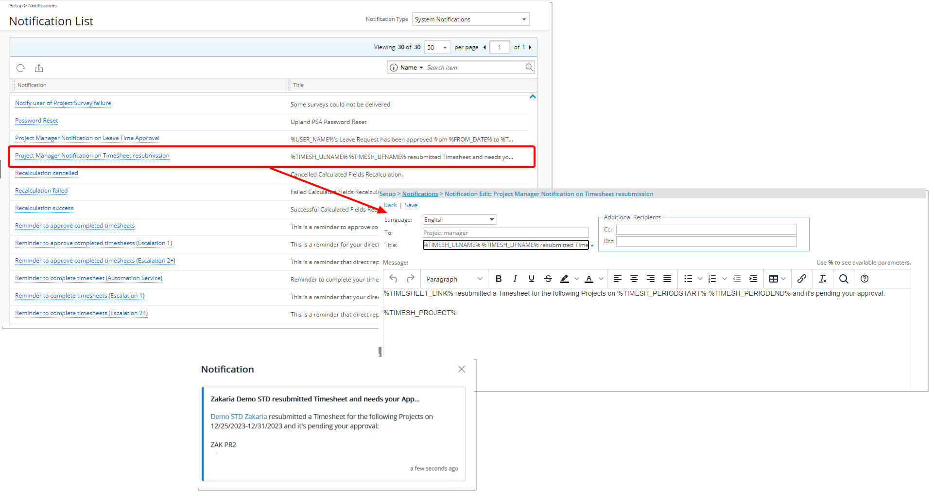 Notify Project Managers upon resubmission of Project Time