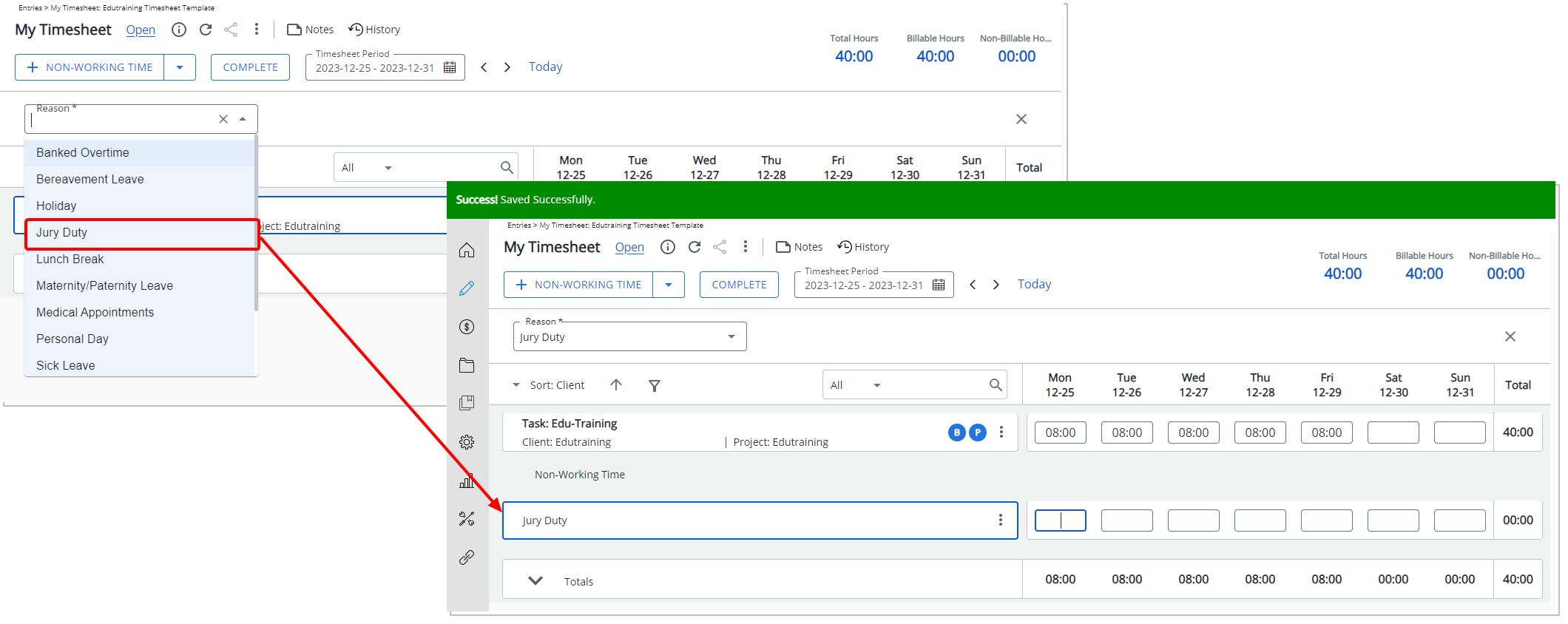 Easier selection of a Reason for Non-working Time