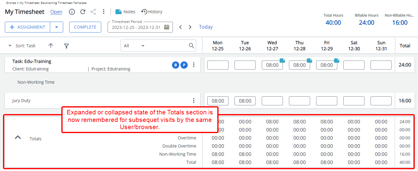 Improved expanded or collapsed state of the Total section