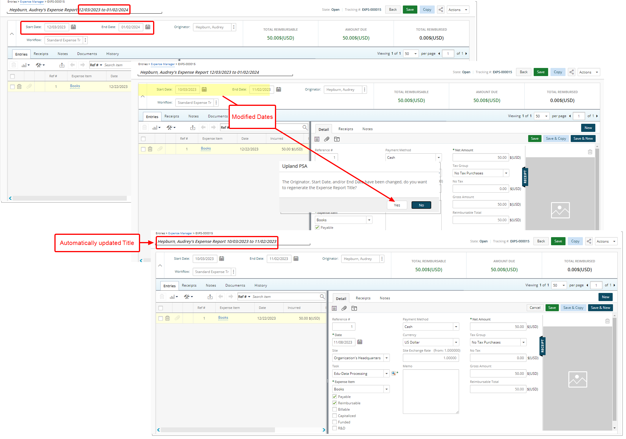 Automatic update of Expense Report Title