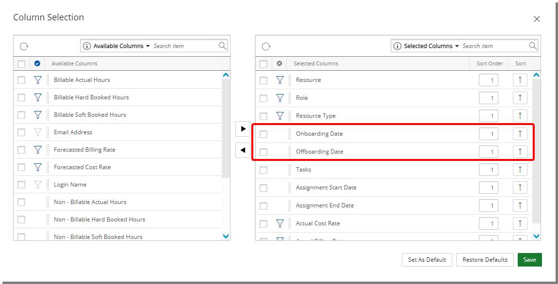 Onboarding and Offboarding columns