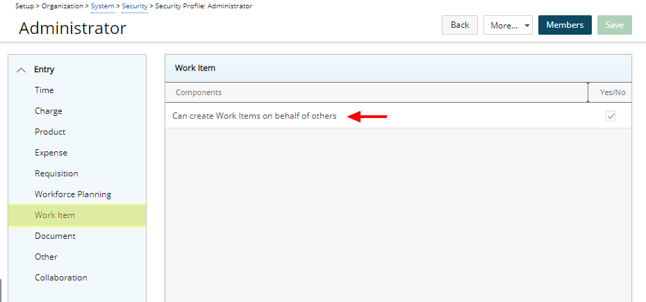 Can create Work Items on behalf of others security permission 