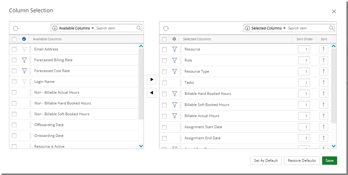 New Column Selection Fields