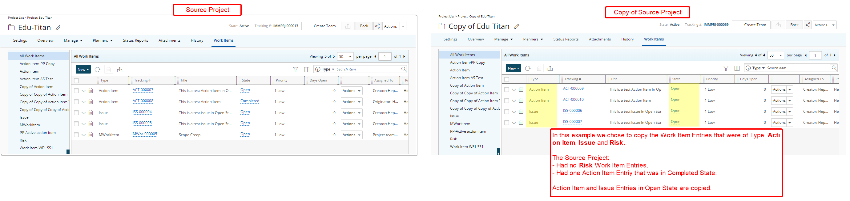Copy Work Items Etries When Copying a Project