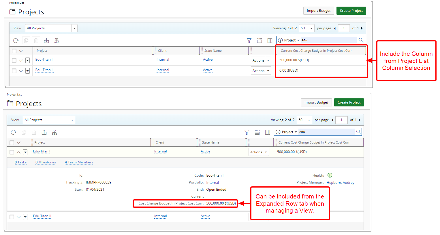 New Column Selection options in Project List