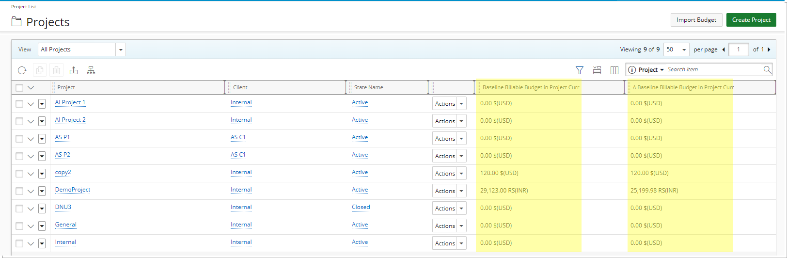 Enhanced Project List Views with Baseline Budget in Project Currency Options