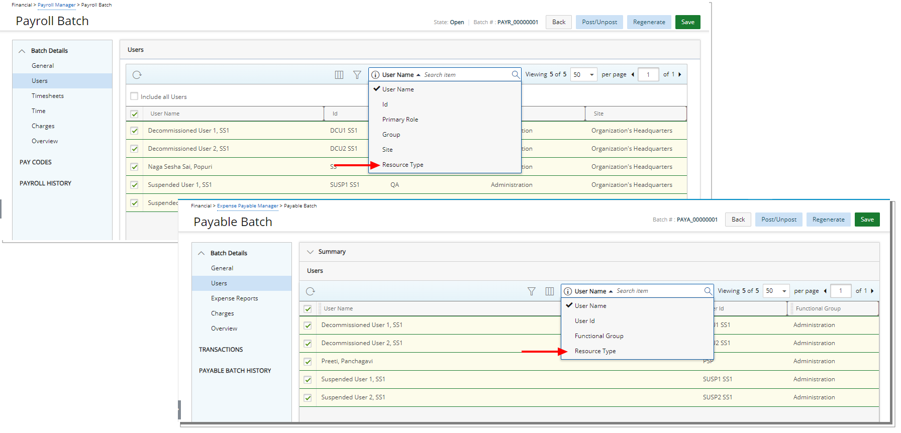 Resource Type Search and Filter Criteria in Payroll Manager