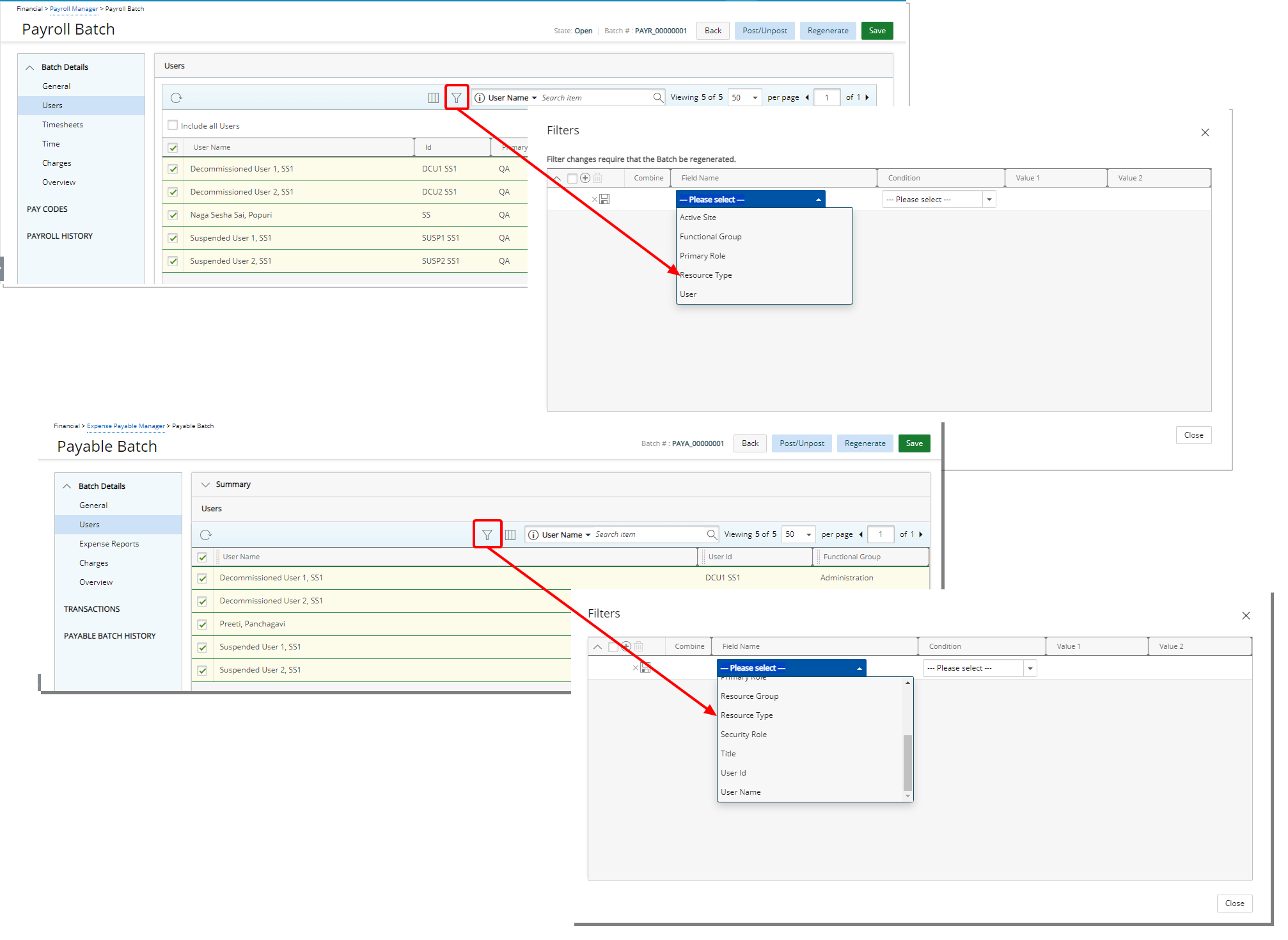 Filter the page based on Resource Type