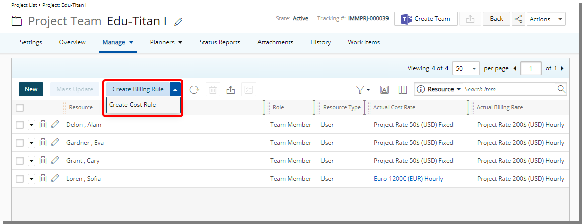 Create Actual Cost/Billing Rules from Project Team