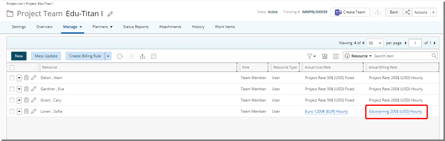 Create Actual Cost/Billing Rules from Project Team