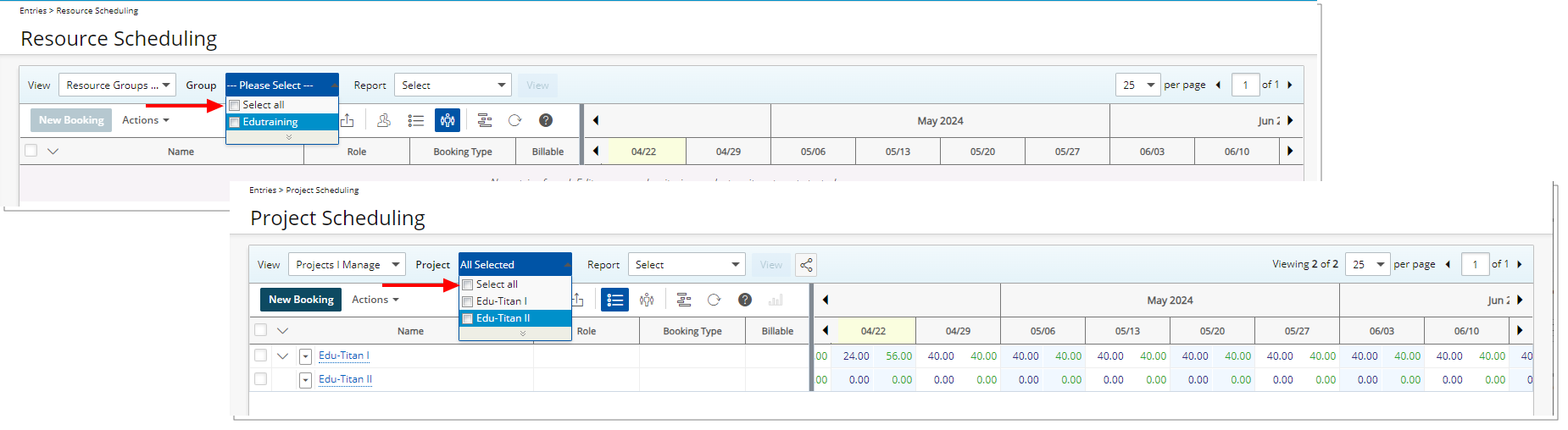 Choose All Projects in Project Scheduling, All Groups in Resource Scheduling