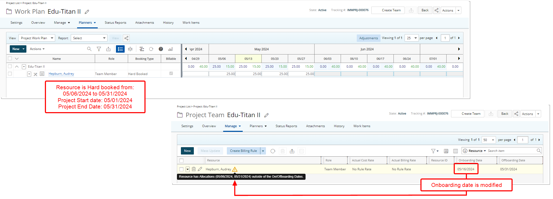 Visual Indicators for Resource Allocation outside of the On/Offboarding dates