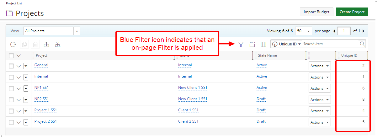 Blue Filter icon indicates that an on-page Filter is applied