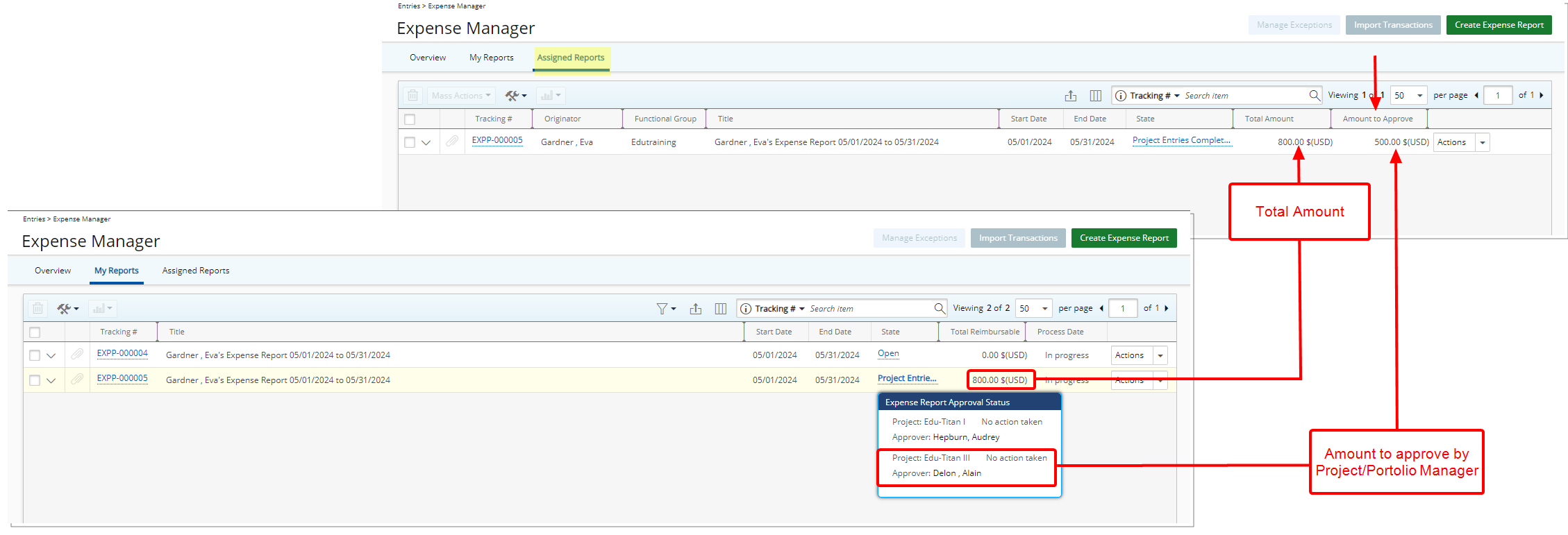 Project-Specific Approval Amount in Assigned Reports Tab