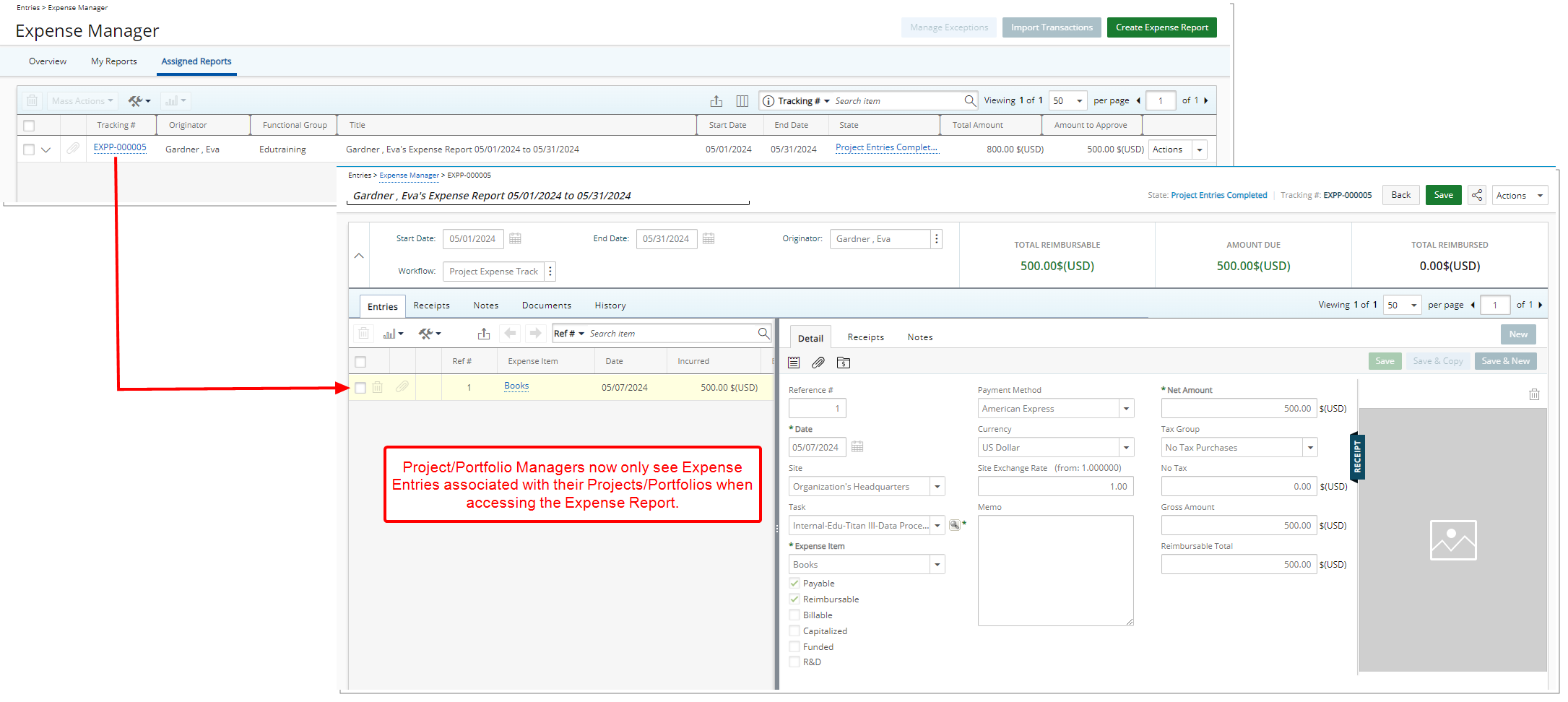 Project managers now only see Expense Entries associated with their project(s)