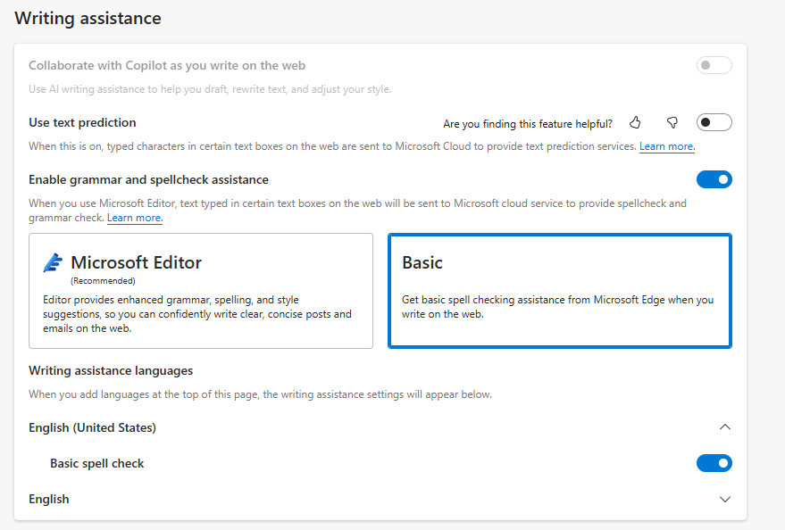 Enable the built-in spell checker in Edge