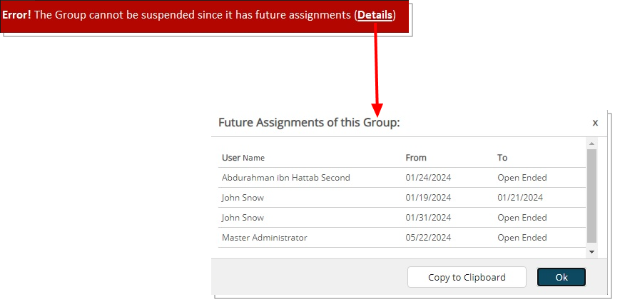 Enhanced Error Handling for Group Suspension with Future Assignments