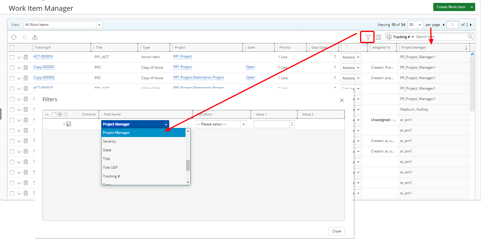 Project Manager Filter and Column in Work Item Manager