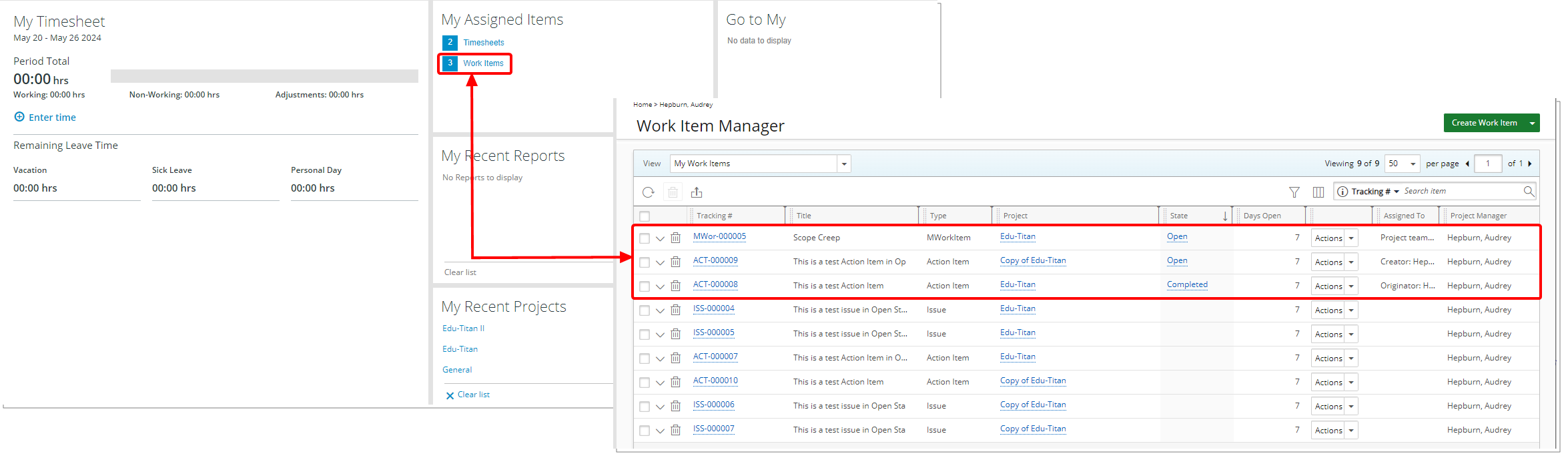 Direct Access to Work Items from Home Page