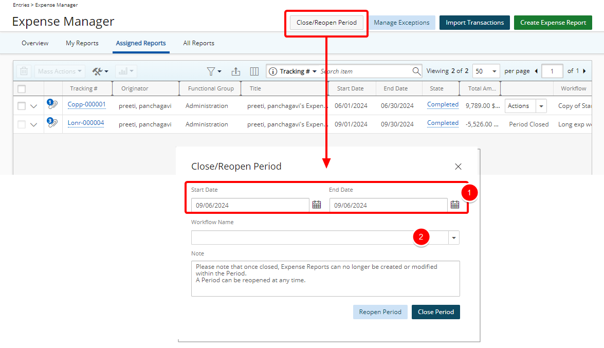 Close/Reopen Expense Report Period