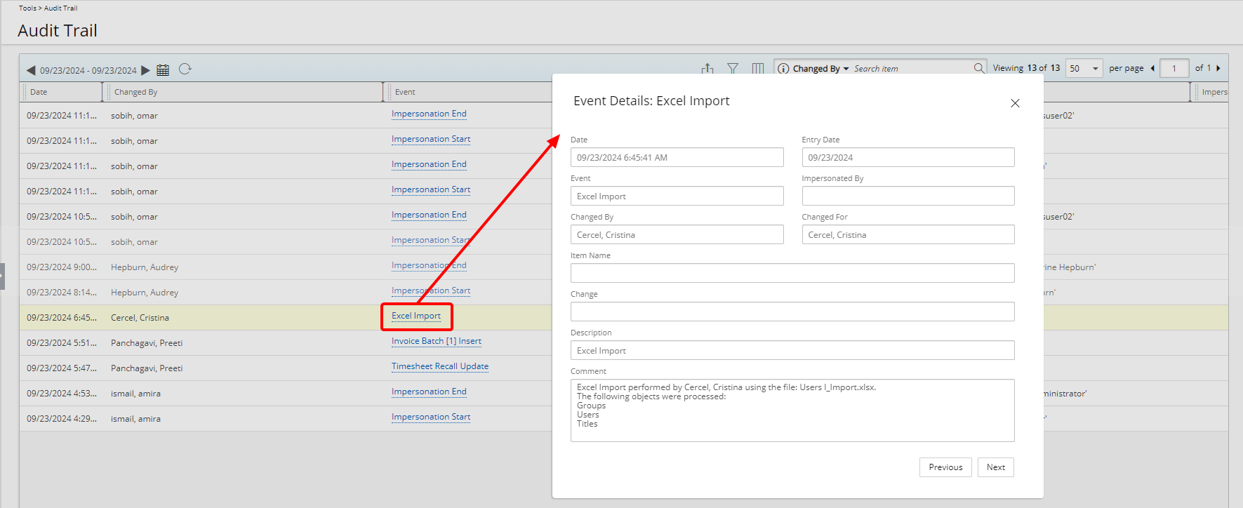 Auditing of Excel Import