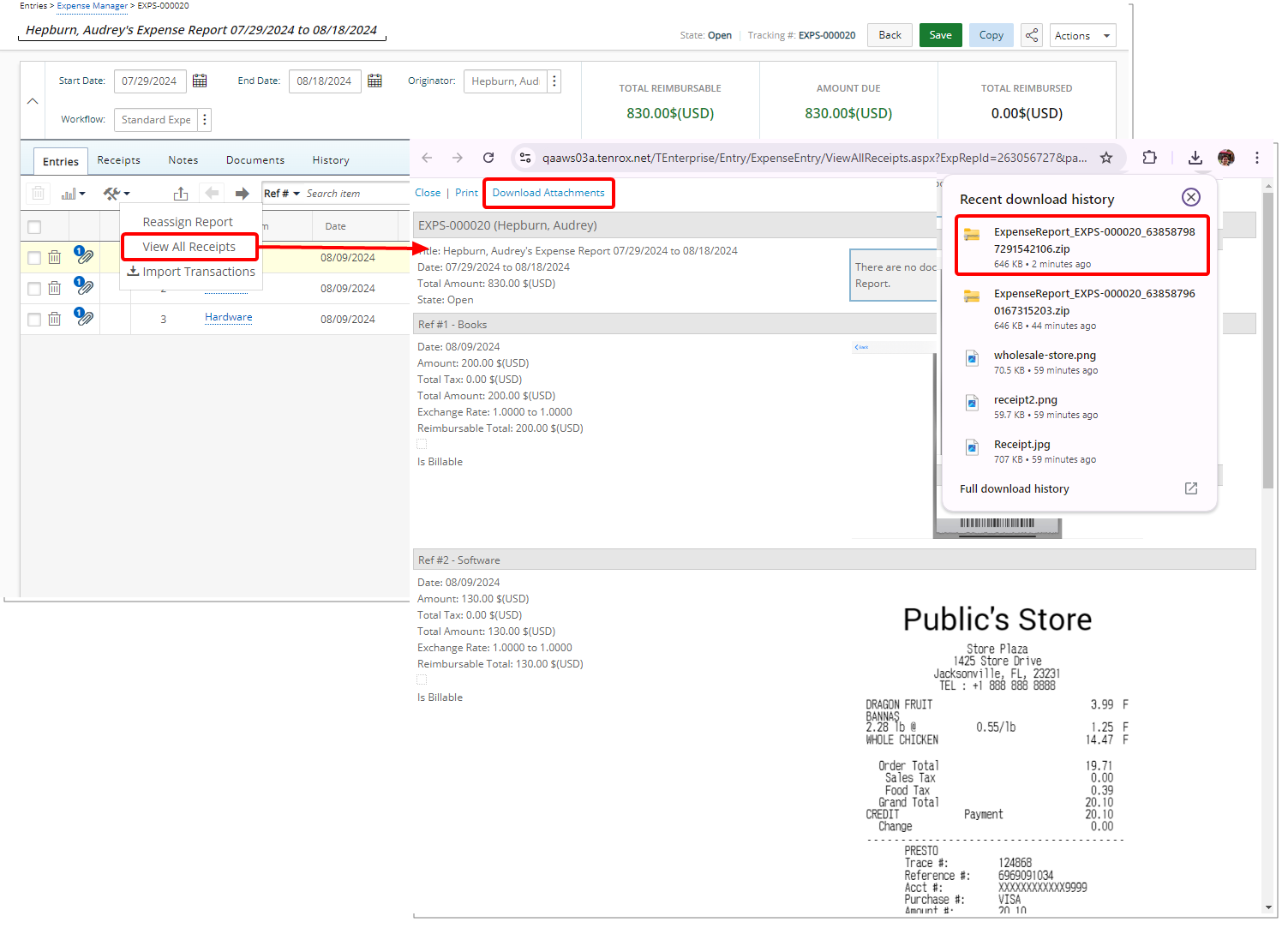 Download All Attachments When Viewing Expense Report Receipts