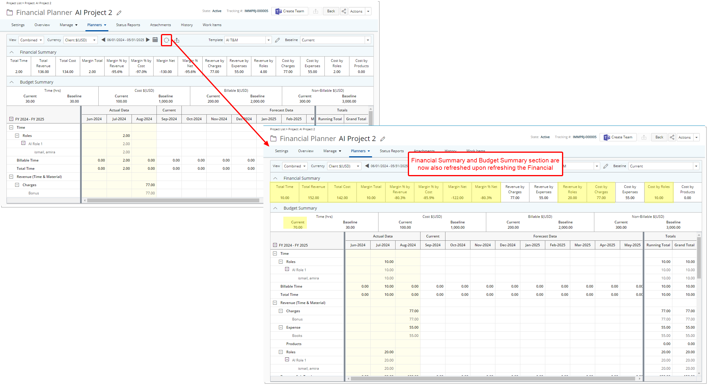 Refresh Budget and Financial Summary Sections When Refreshing The Financial Planner
