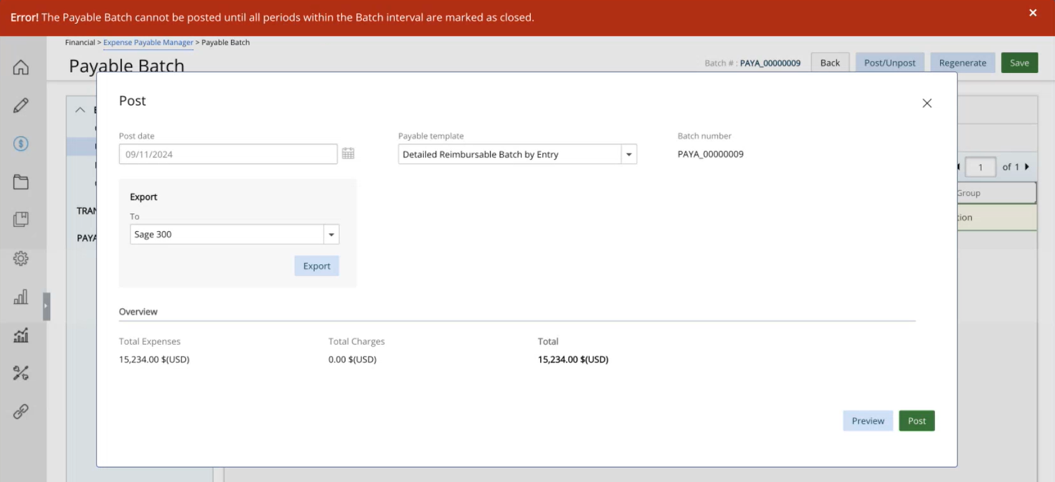 Do not allow Payable Batch to be posted if there are open Expense Reports in the batch interval