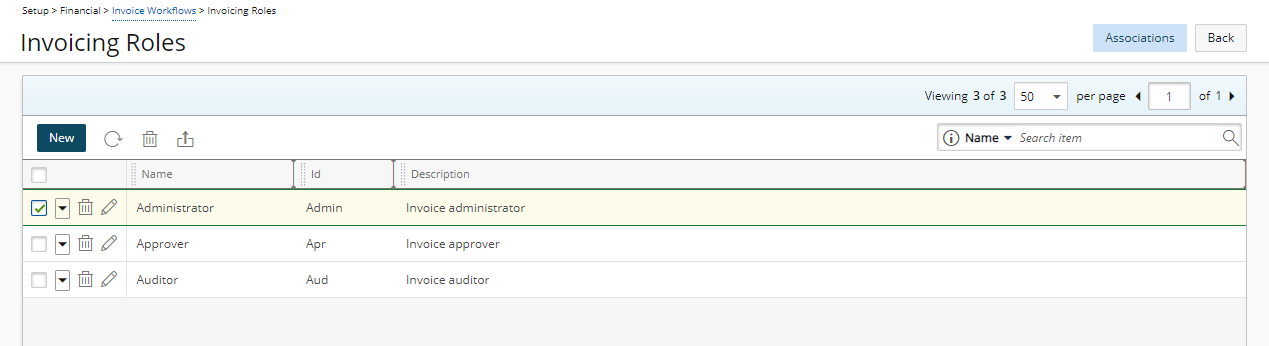 Invoicing Role list page