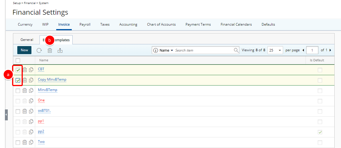Select the batch template(s) to delete