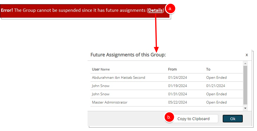 Error Handling for Group Suspension with Future Assignments