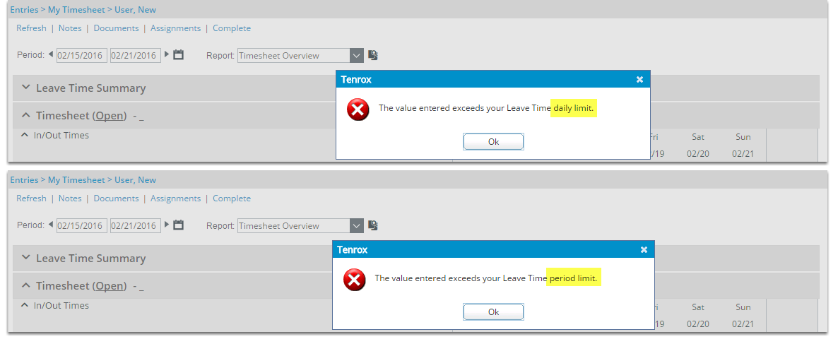 View the impact as the user making an entry on their timesheet