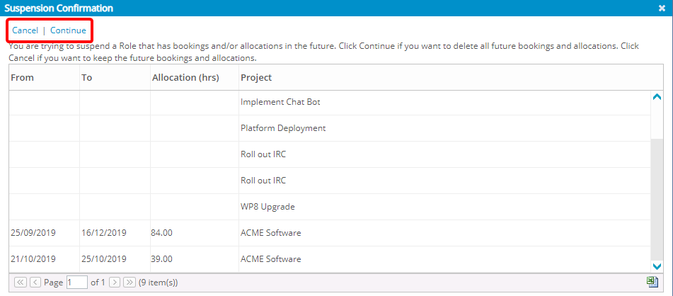 Click Continue to delete all future bookings and allocations